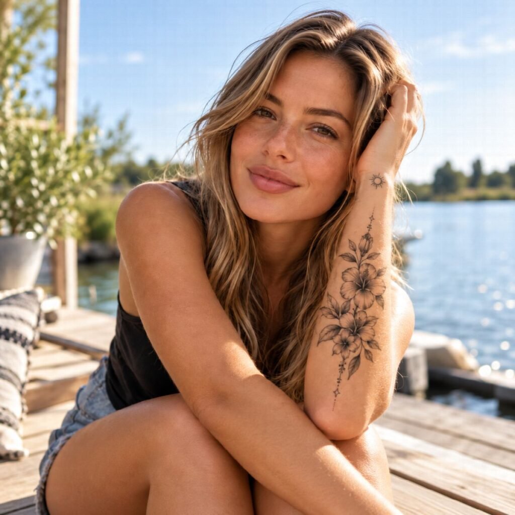 Mujer a la orilla del agua con un tatuaje temporal floral en el antebrazo
